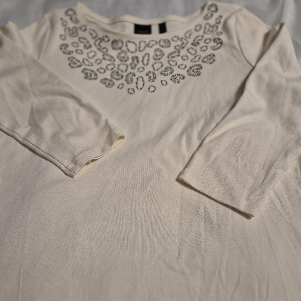 Rafaella Classy Cream Top with Black Embellishments.  Size Large